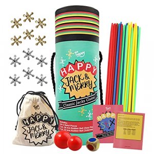 Vintage Metal Jacks Game with Ball - Pick Up Sticks and Metal Jax Game, Travel-Friendly Kids Jacks Game, Giant Game Jax with Dice,Pouch and Instructi