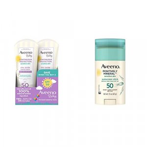 Aveeno Baby Continuous Protection Zinc Oxide Mineral Sunscreen Lotion with Broad Spectrum SPF 50 + Positively Mineral SPF 50 Sunscreen Stick for Sens