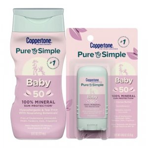 Coppertone Pure and Simple Baby Sunscreen Lotion + Stick Sunscreen SPF 50, Zinc Oxide Mineral Sunscreen for Babies, Water Resistant, Tear Free Sunscr