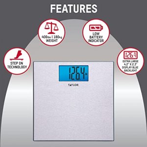 Taylor Precision Products Digital Scales for Body Weight, Highly Accurate 400 LB Capacity, Unique Blue LCD, Auto on and Off Scale, 11.8 x 11.8 Inches