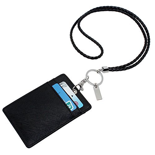 Boshiho Vertical Style Leather ID Card Badge Holder with Keychain Lanyard  (Black with Keychain) : : Office Products