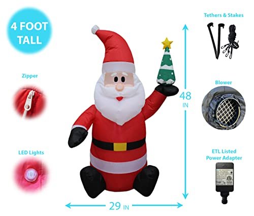 4 Foot Tall Lighted Christmas Inflatable Santa Claus Holding Christmas