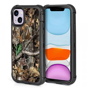 iPhone 13 Case iPhone 14 Case Camo Leaf Hunting Design for Men Boys, 3-Layer Rugged Shockproof Hard Plastic Bumper +Soft Silicone Rubber Heavy Duty P