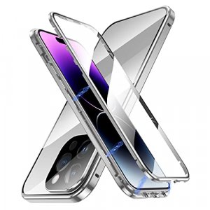 Jonwelsy Case for iPhone 14 Pro Max, 360 Degree Front and Back Clear Tempered Glass Full Body Protection Magnetic Adsorption Metal Bumper Frame Flip
