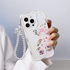 Compatible with iPhone 14 Pro Max Case,Shinymore Cute Flowers Bear Camera Protector Clear Case Cover with Lovely Strap Bracelet Chain Girls Women Cas