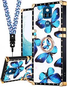 Loheckle for Moto G Play 2021 Case for Women, Designer Square Cases for Motorola Moto G Play 2021 with Ring Stand Holder and Lanyard, Stylish Butterf