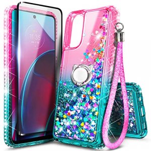 NZND Case for Motorola Moto G 5G (2022) with Tempered Glass Screen Protector (Maximum Coverage), Ring Holder/Wrist Strap, Glitter Liquid Floating Wat