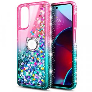 NZND Case for Motorola Moto G 5G (2022) with Tempered Glass Screen Protector (Maximum Coverage), Ring Holder/Wrist Strap, Glitter Liquid Floating Wat