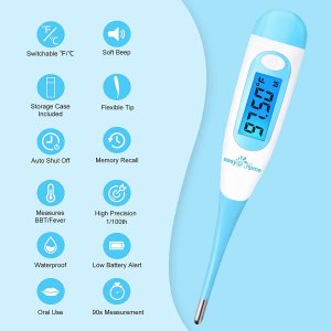 Easy@Home Digital Basal Thermometer with Blue Backlight LCD Display, 1/100th Degree High Precision Upgraded EBT-100B(Blue)