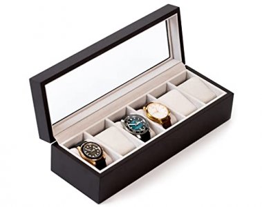 Solid Espresso Wood Watch Box Organizer with Glass Display Top by Case Elegance