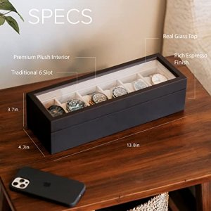 Solid Espresso Wood Watch Box Organizer with Glass Display Top by Case Elegance