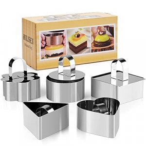 HULISEN Set of 5 Cake Ring Mold, Stainless Steel 3 inch Round Dessert Mousse Mold with Pusher & Lifter Cooking Rings, Tuna Tartare Mold (Include 5 Ri