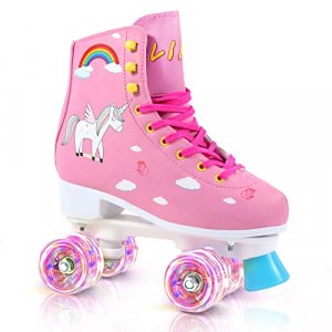 LIKU Quad Roller Skates for Girl and Women with All Wheel Light Up,Indoor/Outdoor Lace-Up Fun Illuminating Roller Skate for Kid (Pink, 3-4)