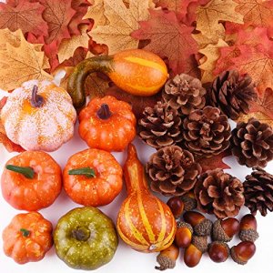 FEPITO 50 Pcs Fall Autumn Decorations?20 Pcs Bulk Artificial Halloween Pumpkins with 30 Pcs Fall Artificial Maple Leaves for Thanksgiving Party 