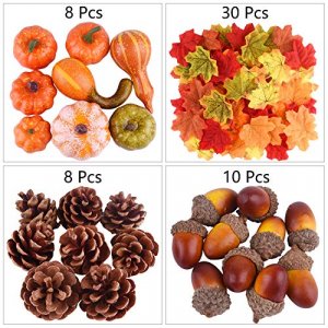 FEPITO 50 Pcs Fall Autumn Decorations?20 Pcs Bulk Artificial Halloween Pumpkins with 30 Pcs Fall Artificial Maple Leaves for Thanksgiving Party 