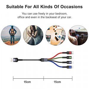 2Pack Multi Charging Cable Multiple Charger Cord Nylon Braided Short 1FT 4 in 1 USB Charge Cord with Phone/Type C/Micro USB Connector for Phone/Galax