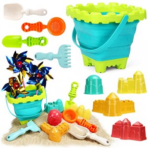 AMOR Beach Toys Set, Foldable Beach Bucket Kids Sand Toys Beach Pails and Buckets Collapsible Beach Toys with Castle Molds Sand Molds for Toddlers 19