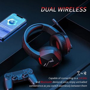 BINNUNE Wireless Gaming Headset with Microphone for PC PS4 PS5 Playstation 4 5, 2.4G Wireless Bluetooth USB Gamer Headphones with Mic for Laptop Comp