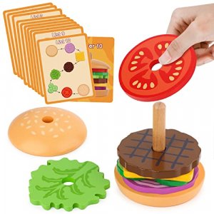 Aizweb Montessori Toys for 3 Year Old - Wooden Burger Stacking Toys for Toddlers and Kids Preschool, Educational Toys, Fine Motor Skill Toy, Blocks f