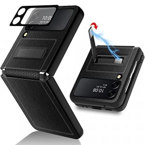 for Samsung Galaxy Z Flip 4 Case with [Hinge Protection] [Built-in lens Film] [Kickstand] [Leather on Back] Shockproof Cover for Samsung Galaxy Z Fli