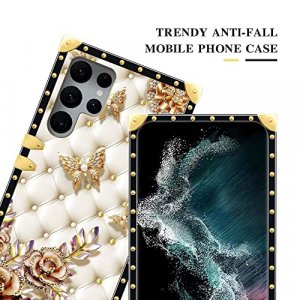 Samsung Galaxy S22 Ultra Case, 1 Diamond Butterfly Samsung S22 Ultra Cases for Girls Womens,Luxury Golden Decoration Square Soft TPU Shockproof Prote