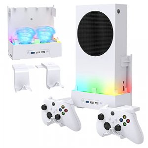 FYOUNG Wall Mount Kits for Xbox Series S with Cooling Fan, RGB Color LED Fan Cooler System Stand with 3 Levels Adjustable Speed, Extra 3 USB Port & 2