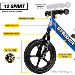 Strider - 12 Sport Kids Balance Bike, No Pedal Training Bicycle, Lightweight Frame, Flat-Free Tires, For Toddlers and Children Ages 18 Months to 5 Ye