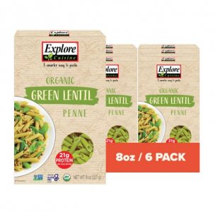 Explore Cuisine Organic Green Lentil Penne - 8 oz, Pack of 6 - Easy-to-Make Pasta - High in Plant-Based Protein - Non-GMO, Gluten Free, Vegan, Kosher