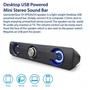 GamesterGear Desktop Compact USB Powered Wired Multimedia Mini Stereo Sound Bar 3.5mm Audio Jack Blue LED 2.5 Watts SY-SPK20234