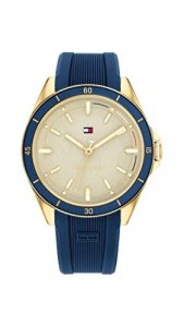 Tommy Hilfiger Women's Gold Plated Steel Quartz Watch with Silicone Strap, Blue, 19 (Model: 1782480)