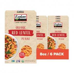 EXPLORE CUISINE Organic Red Lentil Penne - High Protein, Gluten Free Pasta, Easy to Make - USDA Certified Organic, Vegan, Kosher, Non GMO - 24 Total 