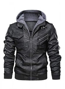 Wantdo Men's Big and Tall PU Faux Leather Jacket Zip-Up Motorcycle Bomer Jacket Casual Winter Coat with Removable Hood