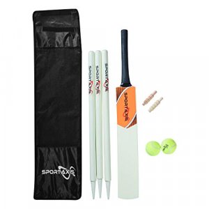 SPORTAXIS- Wooden Cricket Set- Contains Bat, 2 Light Tennis Balls, 3 Stumps, 2 Bails and Stylish Carry Bag- Perfect for Beach and Backyard Cricket fo