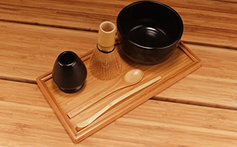 BambooMN Brand - Matcha Bowl Set (Includes Bowl, Rest, Tea Whisk, Chasaku,  & Tea Spoon) 1 Set Black