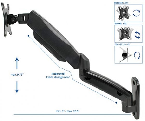 VIVO Height Adjustable Pneumatic Extended Arm Single Monitor Wall Mount