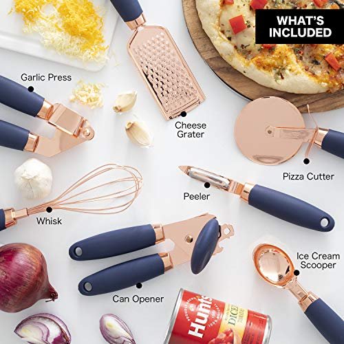 COOK With COLOR 7 Pc Kitchen Gadget Set Copper Coated Stainless Steel  Utensils with Soft Touch Navy Handles - Imported Products from USA - iBhejo