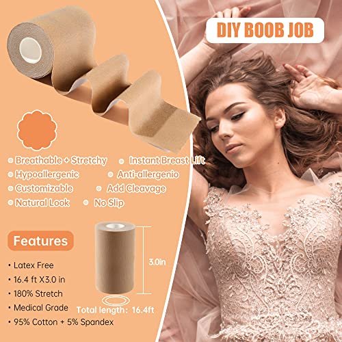 VBT Boob Tape - Breast Lift Tape, Body Tape for Breast Lift w 2 Pcs  Silicone Breast Reusable Adhesive Bra, Bob Tape for Large Breasts A-G Cup,  Nude