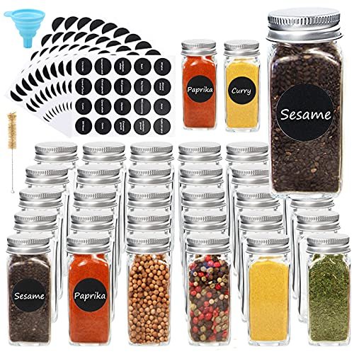 Spice Bottles Empty Glass with Labels 4 oz - Spice Jars with shaker lids