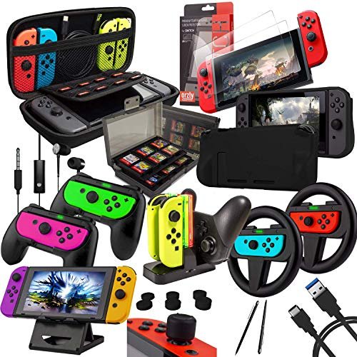  Orzly Accessory Bundle Kit Designed for Nintendo Switch  Accessories Geeks and OLED Console Users Case and Screen Protector, Joycon  Grips and Wheels for Enhanced Games Play and More - Jet Black 