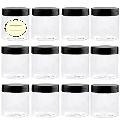 TUZAZO 12 Pack 4 Oz Plastic Jars with Lids and Labels BPA Free - Clear  Empty Refillable Round Body Butter Jars Small Plastic Containers for Cream,  Lotion, Cosmetics & Beauty Products 4 oz - 12