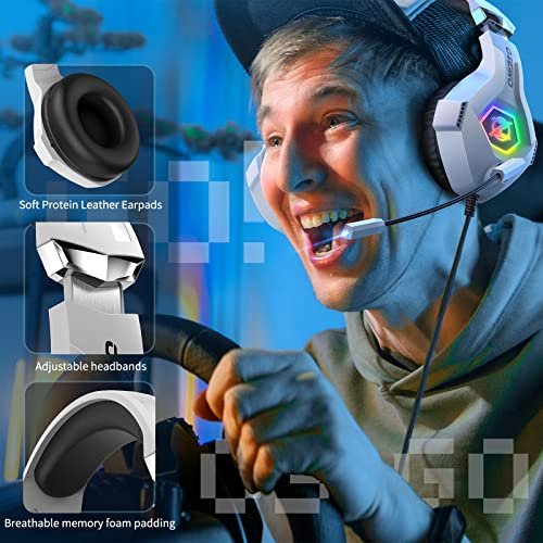 Gaming Headset PS5 PS4 Headset with 7.1 Surround Sound, Gaming Headphones  with Noise Cancelling Flexible Mic RGB LED Light Memory Earmuffs for PS5