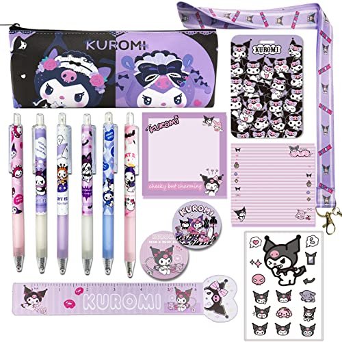 Cartoon Kuromi Accessories Kawaii Gifts Set Including Bookmarks Pens Card  Holders with Lanyard Sticky Notes Ruler Stickers Button Badges Keychain