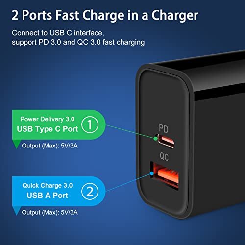 3Pack USB Type C Charger, Dual Port USB-C Wall Plug 20W PD & QC3.0