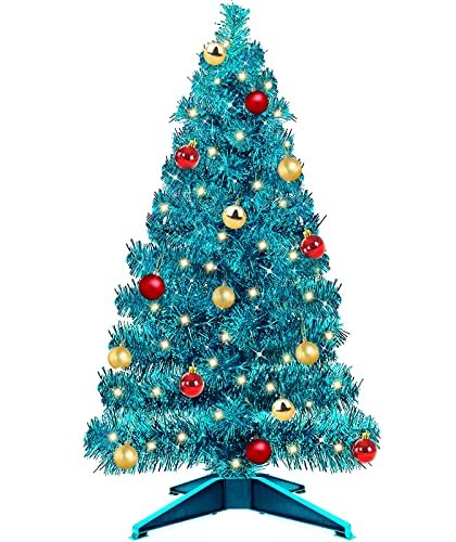 [ Remote Control & 8 Modes ] 3 ft Christmas Tree with Timer 50 Warm Lights 15 DIY Ball Ornaments 3D Star Battery Operated Artificial Pencil Full Tree