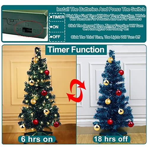 [ Remote Control & 8 Modes ] 3 ft Christmas Tree with Timer 50 Warm Lights 15 DIY Ball Ornaments 3D Star Battery Operated Artificial Pencil Full Tree