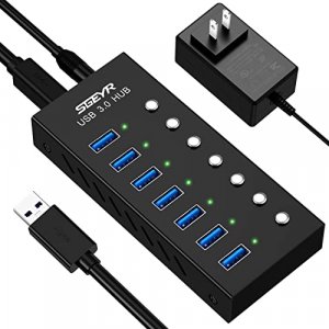 SGEYR Powered USB Hub, Aluminum USB 3.0 Data Hub Splitter 7 Ports with USB Charging Ports and Individual On/Off Switches with 12/2A(24W) Power Adapte