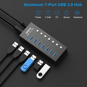 SGEYR Powered USB Hub, Aluminum USB 3.0 Data Hub Splitter 7 Ports with USB Charging Ports and Individual On/Off Switches with 12/2A(24W) Power Adapte