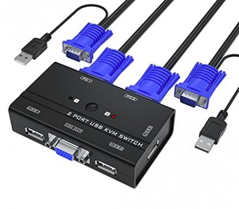 VGA KVM Switch, Yinker 2 Port USB VGA KVM Switch w/2 KVM Cables & 3 USB Hubs for 2 Computers Share One Monitor Keyboard Mouse