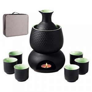 Ceramic Sake Set Cups with Warmer Keep Sake Storage Gift Box, Traditional Porcelain Pottery Hot Saki Drink, 9pcs include 1 Stove 1 Warming Bowl 1 200