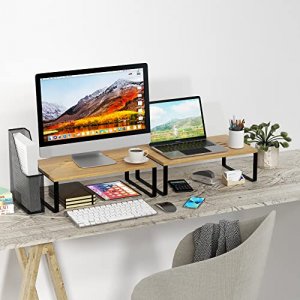 2 Pack Monitor Stand Riser,Bamboo Dual Desk Organizer with Rubber Non Slip Pieces for Computer Laptop Printer,Upgrated Version.